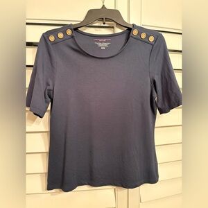 Christian Siriano Navy Short Sleeve Tee with Gold Buttons